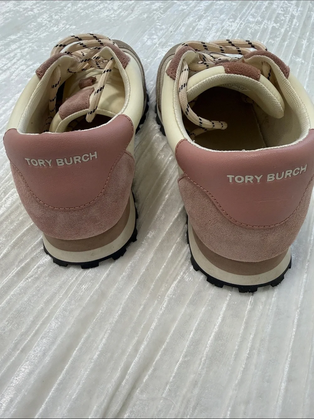 Tory Burch Cream, Taupe and Blush Suede-Trim Athletic Sneakers